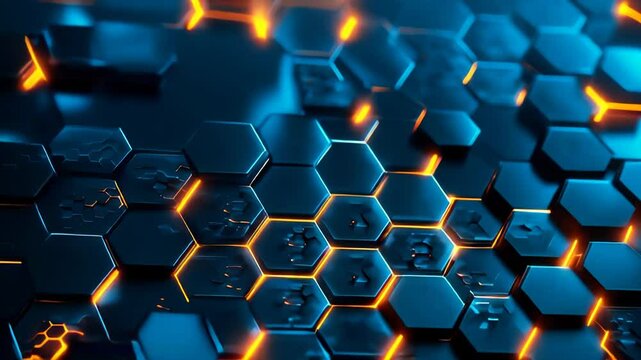 Futuristic Sci-Fi Digital Hexagon Grid Animation with Glowing Orange and Blue Lights, Abstract Technology Cyber Interface Background, Modern High-Tech Visualization for Innovation and Progress