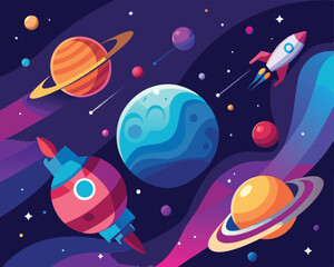 Vector Illustration of a Space Scene with Planets and Stars