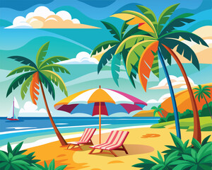 Vector Illustration of a Tropical Beach with Palm Trees