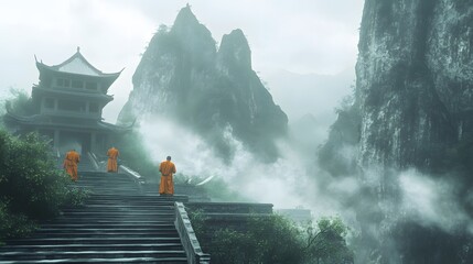 Mystical mountain temple with monks practicing martial arts amid clouds Ancient weathered textures foggy ambiance detailed 3D architecture