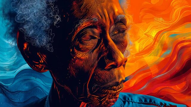 Senior African American with Dementia at Dusk Against Abstract Background, Illustrating Alzheimer's Degenerative Mental Disorder, Emotional and Reflective Mood Concept, Glowing Twilight Ambient
