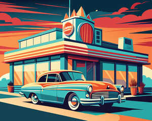 Vintage Vector Poster of a Retro Car in Front of a Diner