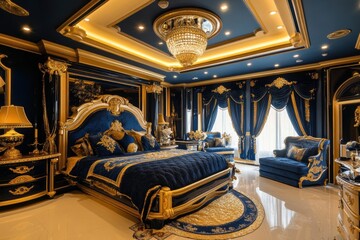 Luxurious blue and gold bedroom with ornate decor and chandelier.