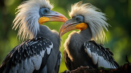 Obraz premium A pair of Grey Hornbills grooming each other, their affectionate behavior demonstrating their deep connection.