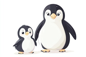 Fototapeta premium Cute cartoon penguin and chick characters arctic animals, cartoon vector illustration for children