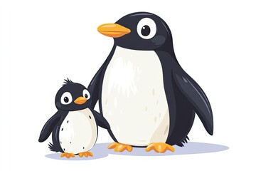 Obraz premium Cute cartoon penguin and chick characters polar animals, cartoon vector illustration for children 