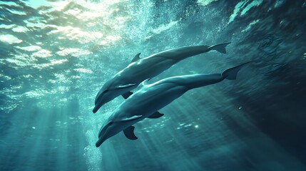 Fototapeta premium Graceful Dolphins Performing Synchronized Aquatic Ballet with Mesmerizing Underwater Cinematography