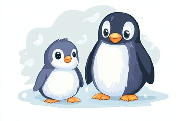 Naklejka premium Cute cartoon penguin and chick characters polar animals, cartoon vector illustration for children 