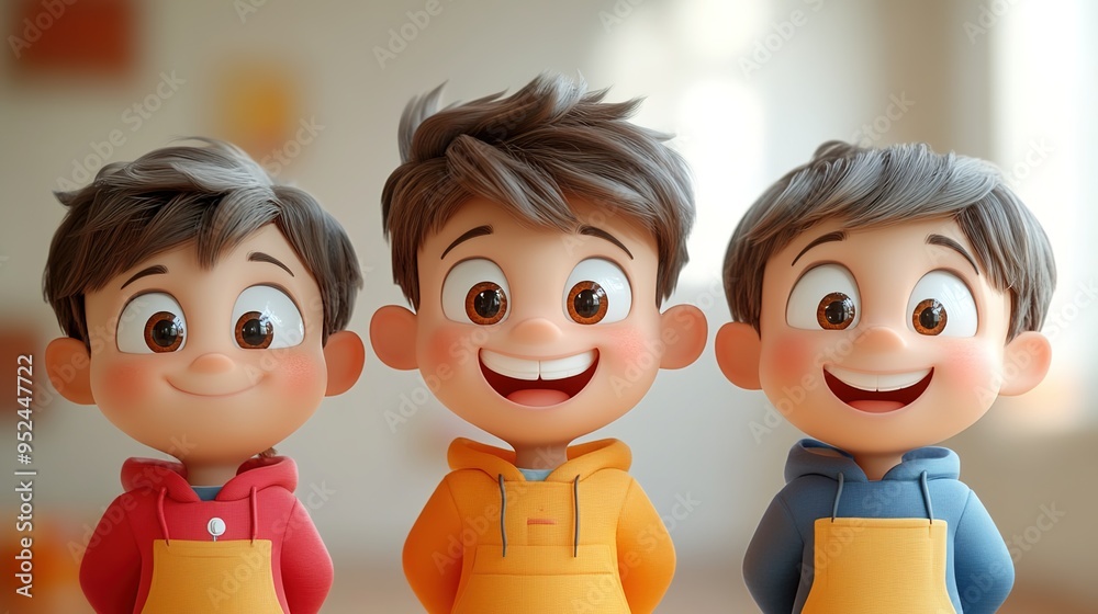 Wall mural 3D cartoon, happy smiling children's faces of three boys with brown hair and blue eyes in yellow T-shirts on a white background