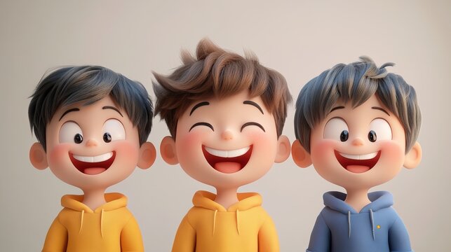 3D cartoon, happy smiling children's faces of three boys with brown hair and blue eyes in yellow T-shirts on a white background