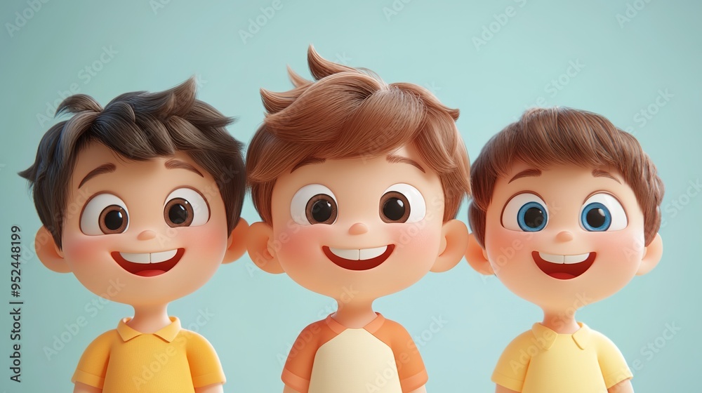 Wall mural 3D cartoon, happy smiling children's faces of three boys with brown hair and blue eyes in yellow T-shirts on a white background