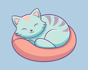 Cute Vector Illustration of a Sleeping Cat on a Pillow