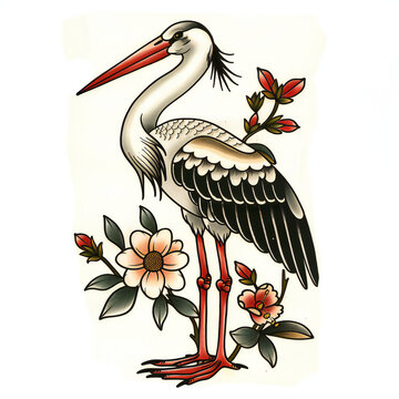 recommend clip art: Stork bird flower very simple traditional tattoo flash styles illustration