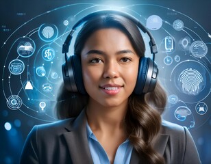 Active listening featuring elements like headphones, attentive expressions, and communication symbols representing focus, engagement, and understanding.