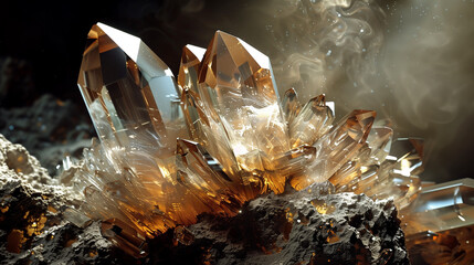 Close-up of large, transparent crystal clusters emerging from a rocky surface, with warm lighting creating a mystical and ethereal mood.
