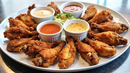 Fototapeta premium Crispy Fried Chicken Wings with Dipping Sauces