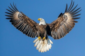 Obraz premium Bald Eagle Soaring with Wings Spread Against a Blue Sky
