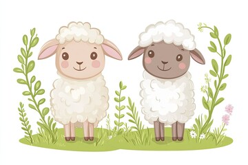 Cute cartoon sheep and lamb characters farm animals, cartoon vector illustration for children