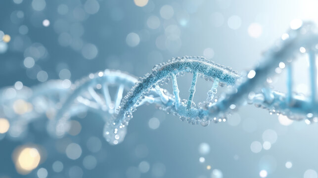 A blue DNA strand with a lot of water droplets on it