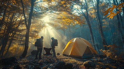 A candid shot of a couple setting up their tent in the woods, with the sunlight filtering through the tall trees, the forest floor covered in leaves,