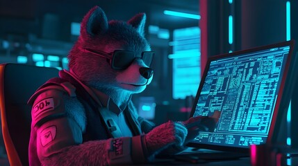 A Meticulous Furry Fintech Analyst Crunching Numbers on Sleek Digital Interface