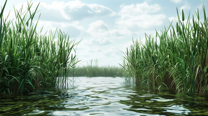 Fototapeta premium Peaceful wetland scene with tall green grass lining the water on a sunny day with a bright blue sky and scattered clouds.