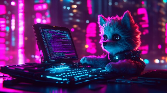 Pup Programmer Coding on Futuristic Holographic Computer System in Cityscape - Powered by Adobe
