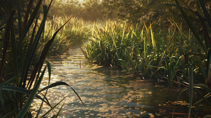 A serene, sunlit river winding through dense, lush green reeds and vegetation, casting golden reflections on the water surface.