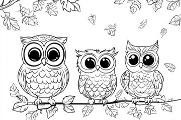 Fototapeta premium Delightful owl family coloring page for children featuring adorable owlets perched on a branch surrounded by whimsical leaves