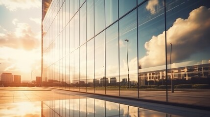 Obraz premium Modern office building or business center. High-rise window buildings made of glass reflect the clouds and the sunlight. empty street outside wall modernity civilization. growing up business