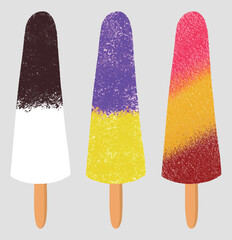 Three fruit popsicles orange creamsicle frozen ice lolly. Variety of unique watercolor popsicles ice cream desserts set isolated on white. Tasty colorful striped sundae, gelato in mixed rainbow colors