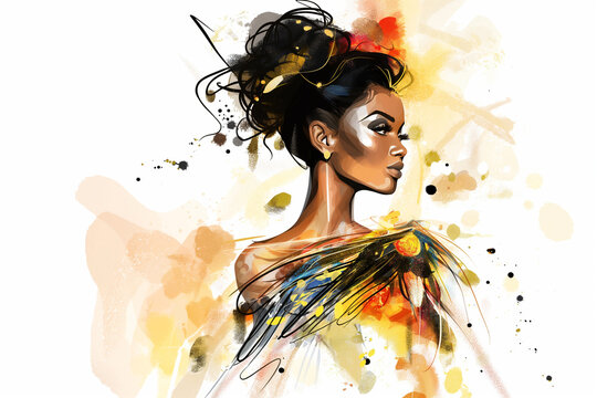 Beautiful fashionable young African American woman in an evening gown. Fashion sketch illustration style.