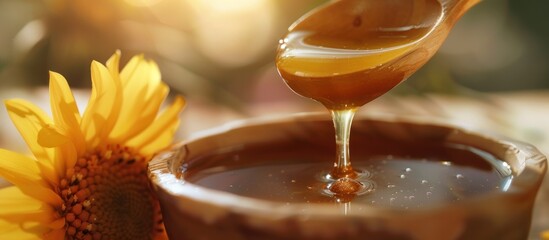 Golden Honey Dripping into a Wooden Bowl