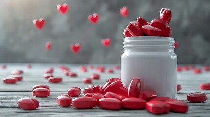 Red Heart Pills Spilling From a White Jar