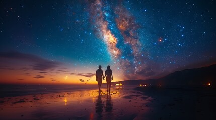 A couple taking a romantic walk under a starry night sky, holding a lantern that softly illuminates their path, with the campsite and tent visible in the distance,