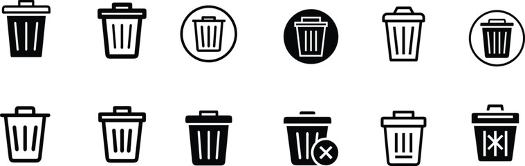 Collection of trash bin and delete icons in various styles, perfect for mobile apps, web design, and software interfaces.