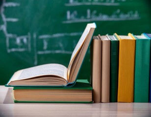 Books and a chalkboard representing the classroom and learning environment, symbolizing education, teaching, and academic growth.