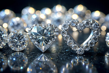 Fototapeta premium A collection of diamond shaped jewelry, including a heart shaped piece, is displayed on a black surface