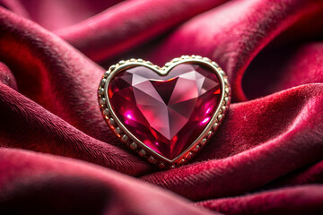 A red heart shaped gemstone sits on a red velvet cloth. The gemstone is surrounded by a red background, which creates a sense of warmth and intimacy