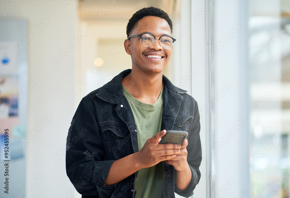 Poster phone, smile and businessman thinking for social media, message or online in office for internet lau