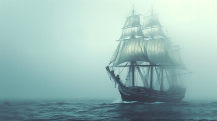 Obraz premium A majestic tall ship sailing through thick fog on a calm sea, with its sails fully unfurled, creating a mysterious and ethereal atmosphere.