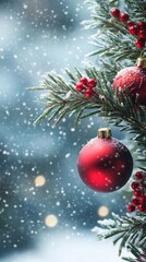 Snowy Christmas Ornament on Pine Branch