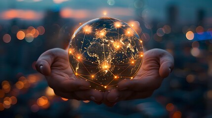 Fototapeta premium Businessman hands holding glowing abstract network communication digital earth futuristic global technology background, connected world, IoT Internet of Things