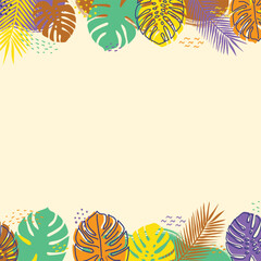 Card with colourful hand drawn tropical leaves. Summer background. Vector illustration