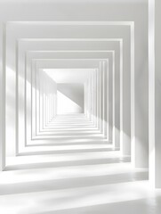 Fototapeta premium A minimalist hallway with an abstract design of white squares creating a sense of depth and perspective.