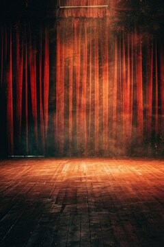 vertical banner, world theater day, red open wings in the spotlight, old empty theater stage in smoke, mysterious and magical atmosphere, copy space, free space for text