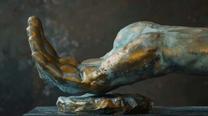 A detailed sculpture of an outstretched hand, beautifully carved with intricate textures, representing a gesture of giving or receiving, set against a dark background.