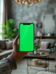 a hand with a mobile in it, top view, mobile has a green screen
