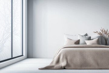 Bedroom interior design composition with an elegant bed, minimalist furniture and natural lighting.