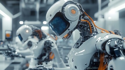 Fototapeta premium High-tech robot design lab with holographic projections and intricate robotic assembly Clean lines minimalist sterile environment with detailed 3D robots